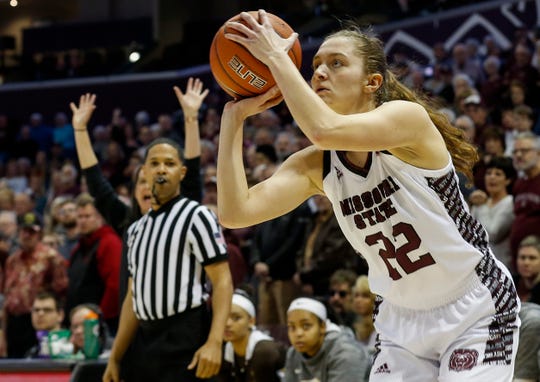 Missouri State guard Alexa Willard (22) lines up a three-point shot during the Lady Bears game against Valparaiso at JQH Arena on Thursday, March 5, 2020.