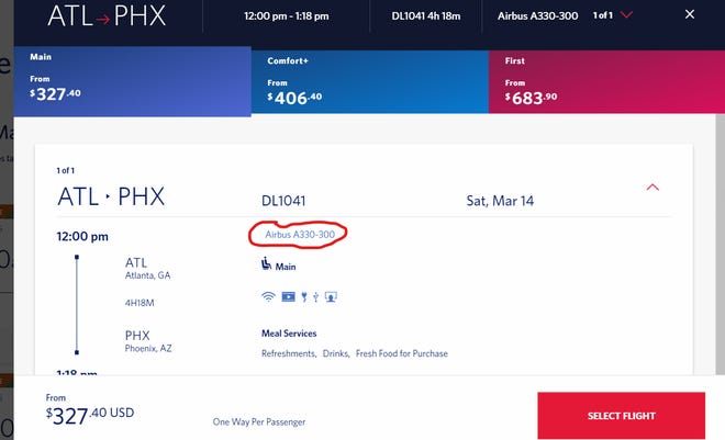 Travelers traveling on Delta Air Lines between Atlanta and Phoenix in March will find jumbo jets on more flights than usual, including this March 20 flight on an Airbus A330-300.