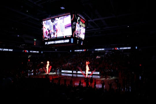 The Cincinnati Bearcats take the court before the first half of the NCAA America Athletic Conference basketball game between the Cincinnati Bearcats and the Temple Owls at Fifth Third Arena in Cincinnati on Saturday, March 7, 2020. The Bearcats trailed 31-17 at halftime.