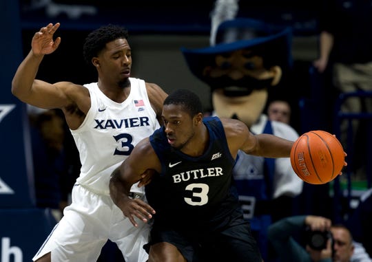 Butler Bulldogs guard Kamar Baldwin (3) drives on Xavier Musketeers guard Quentin Goodin (3) in the second half of the NCAA men's basketball game on Saturday, March 7, 2020, in the Cintas Center at Xavier University. 