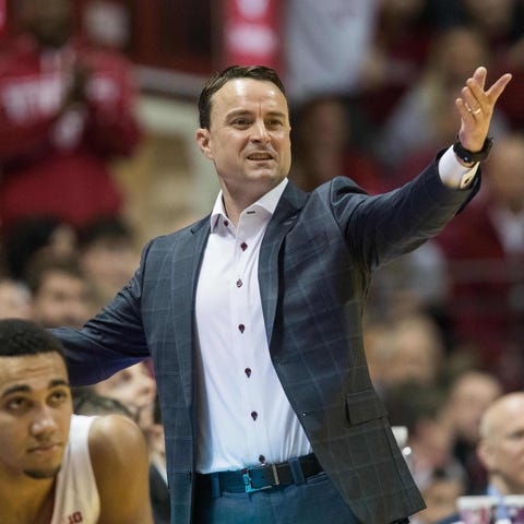 Indiana Hoosiers head coach Archie Miller argues a
