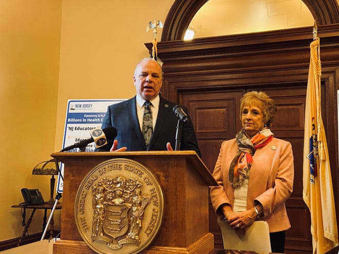Senate President Stephen Sweeney, D-Gloucester, and NJEA president Marie Blistan announce an agreement in March 2020 to create two new health care plans for teachers that could save the state hundreds of millions of dollars a year.