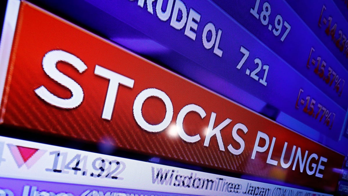 A television screen on the floor of the New York Stock Exchange headlines market activity, Monday, March 9, 2020.