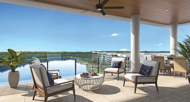 The Clubhouse Residences at Moorings Park Grande Lake feature large lanais with expansive vistas.