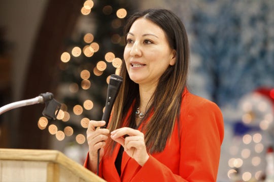 Senate candidate Elisa Martinez speaks in January during a San Juan County Patriots meeting in Aztec.