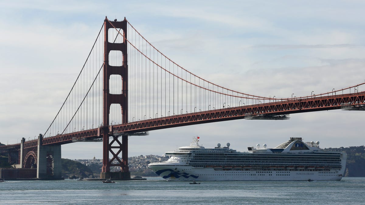 The Grand Princess cruise ship passes beneath the Golden Gate Bridge in this view from Sausalito, Calif., March 9, 2020.  