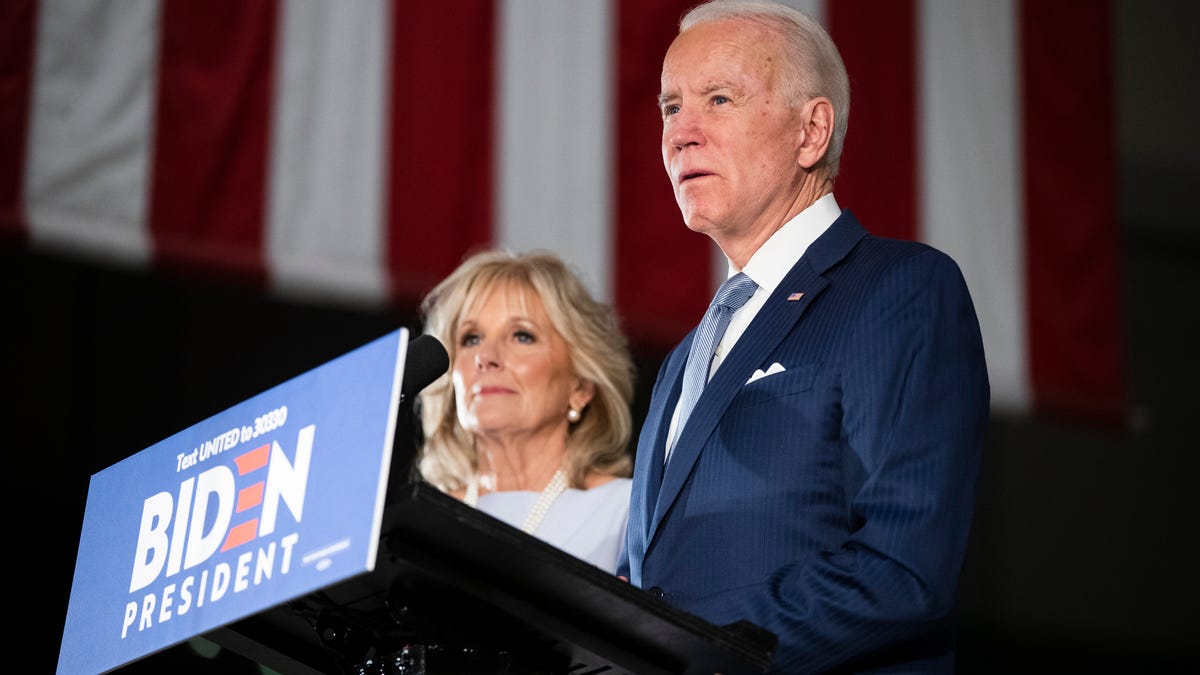 Democratic presidential candidate former Vice President Joe Biden, accompanied by his wife Jill, speaks to members of the press at the National Constitution Center in Philadelphia, Tuesday, March 10, 2020.