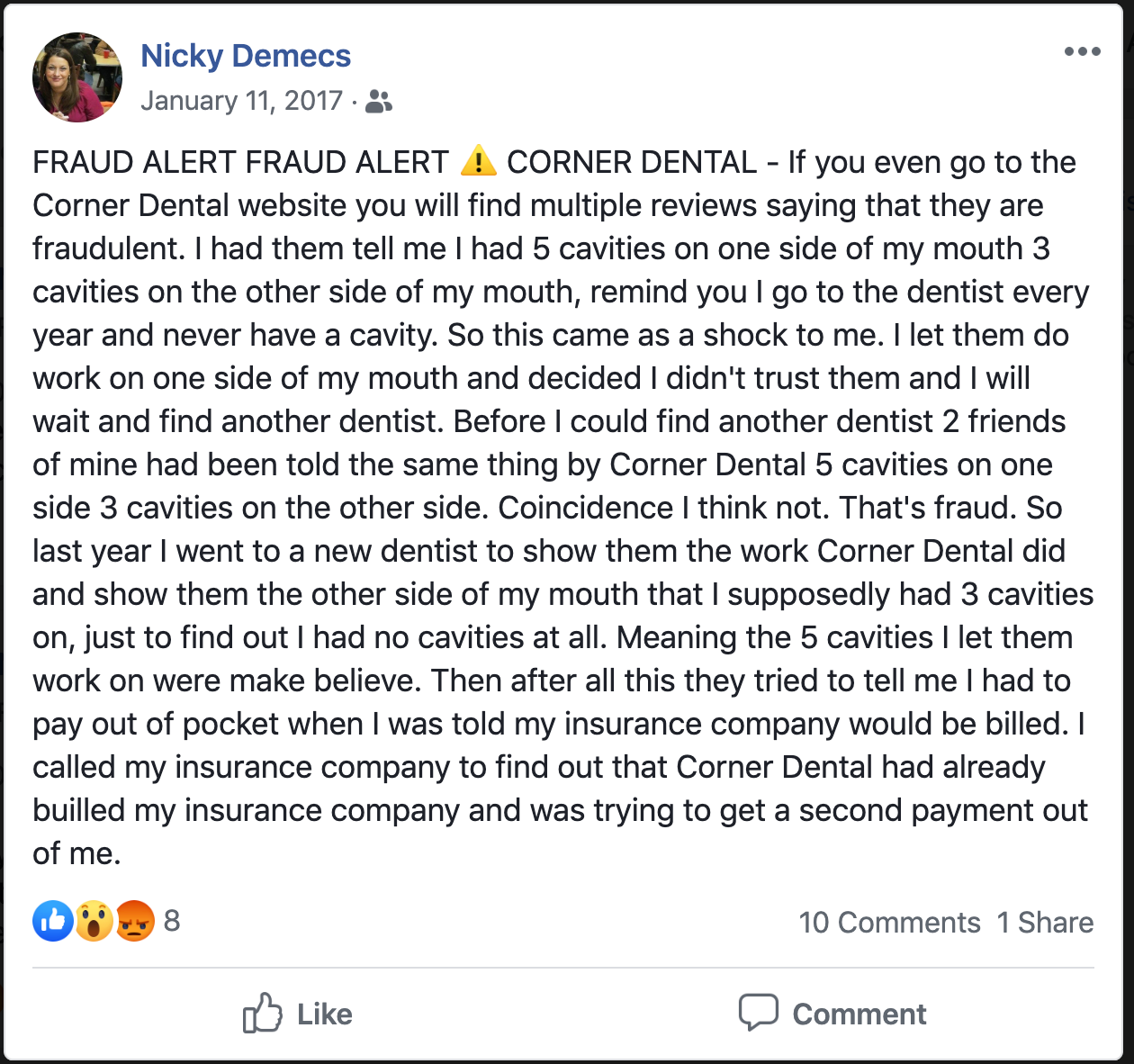 Nicky Demecs' Facebook review of Corner Dental