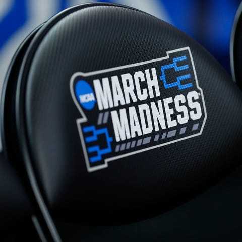 March Madness logo during practice before the firs