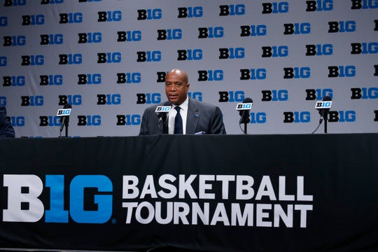 Big Ten commissioner Kevin Warren speaks to the media after the 2020 Big Ten tournament was canceled due to Coronavirus prevention on Thursday, March 12, 2020, in Indianapolis.