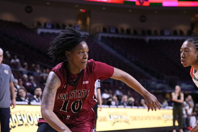 Adrianna Henderson attacks the rim during New Mexico State's 73-61 win over UTRGV on Thursday in the quarterfinals of the WAC tournament in Las Vegas, Nevada.