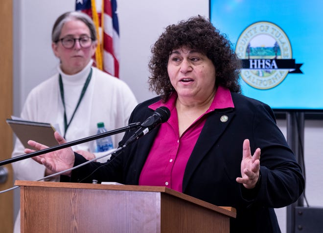 Tulare County Supervisor Amy Shuklian talks about the first positive test in Tulare County for COVID-19, the disease caused by the novel coronavirus, during a press conference on Thursday, March 12, 2020. Elliott is the Tulare County Health & Human Services Agency Public Health Director.