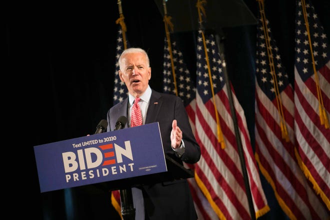 Joe Biden addresses the media on the coronavirus (COVID-19), at the Hotel DuPont, in Wilmington, De. He showed up for a private meeting with families in Lancaster on Thursday.