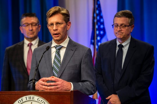 State Superintendent Eric Mackey speaks during a Covid-19 press conference at ADPH office in Montgomery, Ala., on Friday, March 13, 2020. 