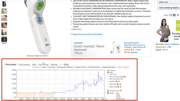With the Keepa Chrome browser extension, you can see the price history of products sold on Amazon (highlighted in red).