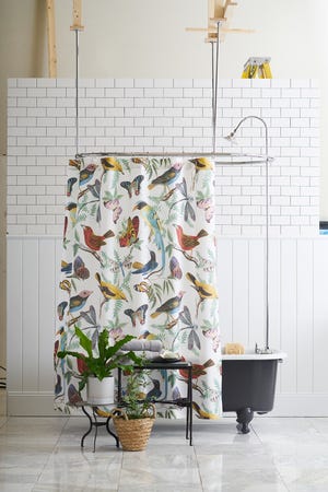 Fauna Bird Print Shower Curtain from Pottery Barn offers an uplifting color palette.