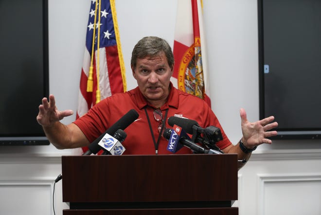 Assistant Superintendent of School Management Services Alan Cox speaks during a news conference held at Leon County Schools on COVID-19 Monday, March 16, 2020. 