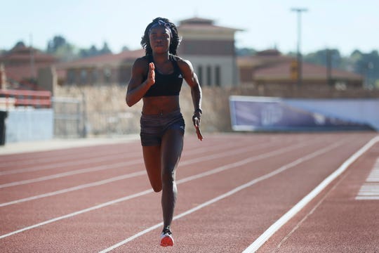 UTEP alumna hurdler Tobi Amusan practices at Kidd Field on the university's campus Monday, March 16, 2020, in El Paso. Amusan will make the 2020 Olympic team and go to Tokyo if the Olympics are held this year.
