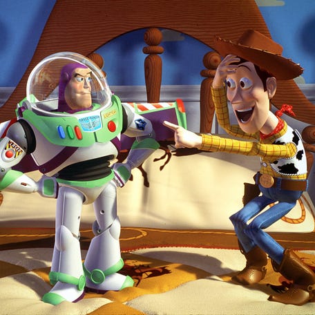 Buzz Lightyear (voiced by Tim Allen, left) and Woody (Tom Hanks) are frenemies before becoming best pals in the original "Toy Story."