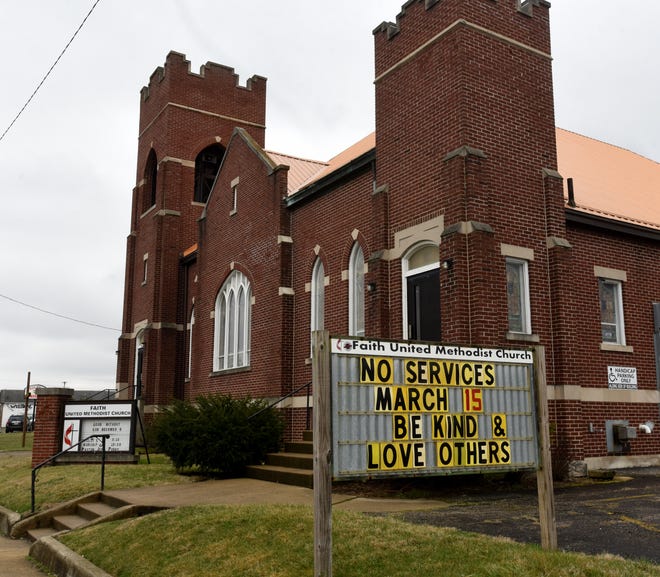 Faith United Methodist Church on East Main Street in Newark announces the end of Sunday services and reminds everyone to be kind and love others. Area churches have closed in light of the coronavirus health crisis.