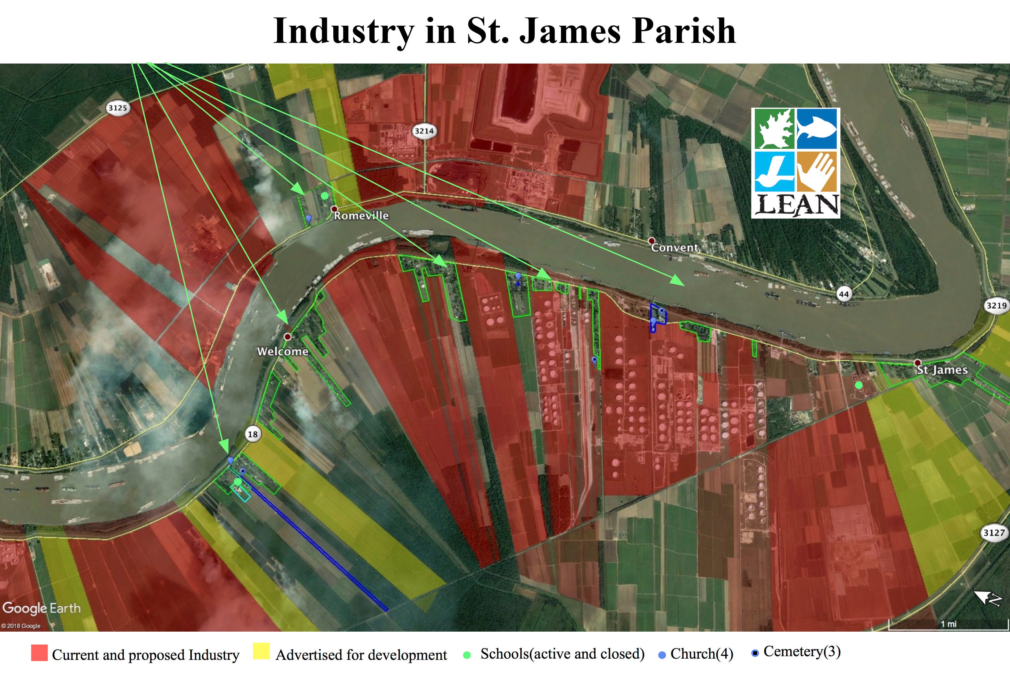 This map of St. James Parish is color coded to show existing industrial plants, as well as areas planned and advertised for new industry. The map indicates where the industries are in proximity to homes, schools, churches and cemeteries. The green arrows indicate residential areas.