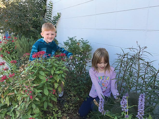 Maya Mistich and Brayden Thomas help in the garden at Gilchrist.