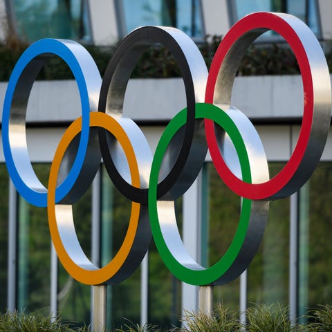 The Olympic Rings are pictured at the Internationa