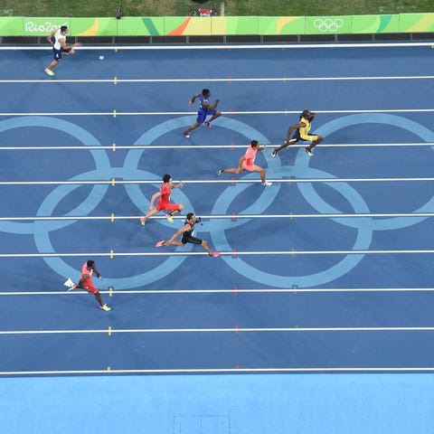 A view of the men's 4x100m relay final in the Rio 