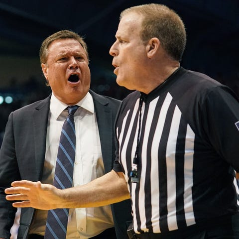 Kansas coach Bill Self is called for a technical f