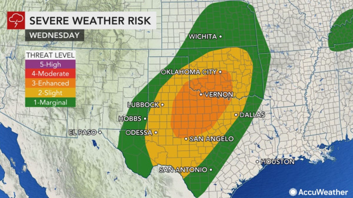 An outbreak of severe weather is forecast for portions of Texas and Oklahoma on Wednesday.