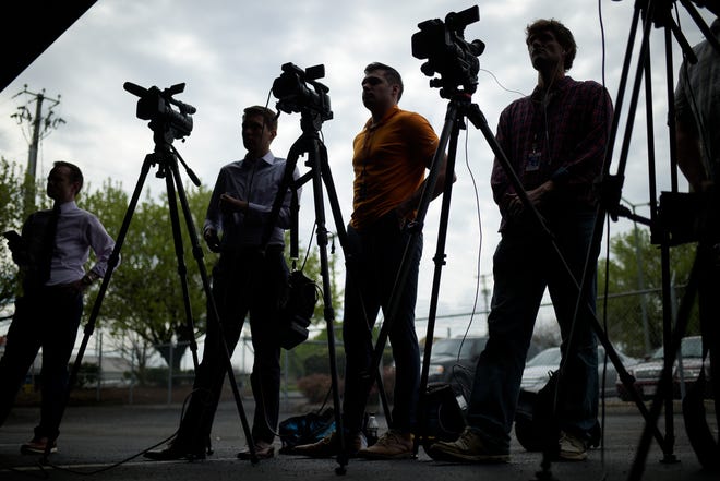 Members of the media attend a press conference on the coronavirus in Knoxville at the Emergency Operations Center in Knoxville, Tennessee on Thursday, March 19, 2020.