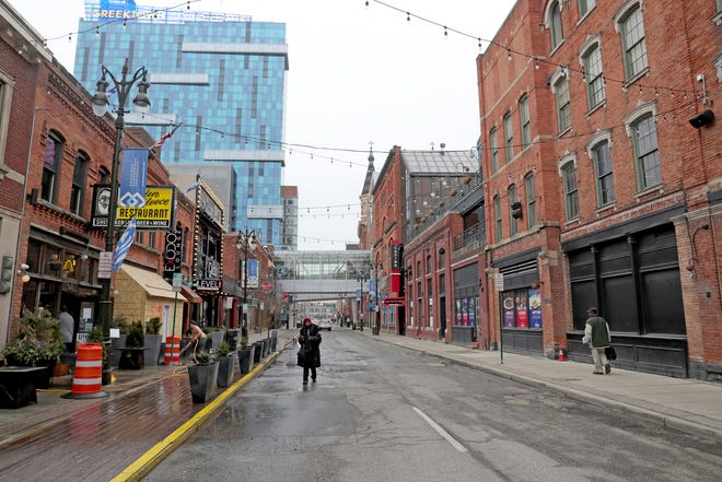 Greektown normally a popular hang out in Detroit stands empty due to the coronavirus pandemic Thursday, March 19, 2020.