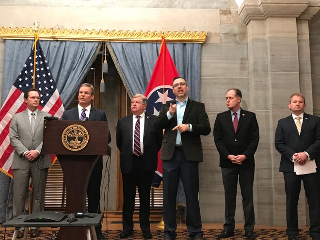 Gov. Bill Lee and Republican leaders address reporters on Friday, March 20, 2020, while reflecting on the recently recessed legislative session.