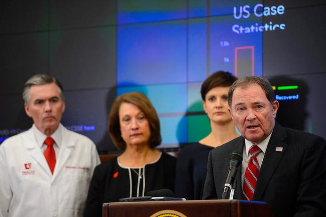  Gov. Gary Herbert speaks at a news conference in the state's Emergency Operations Center on Thursday, March 12, 2020 addressing the current state of COVID-19 in Utah. Representatives from the Utah System of Higher Education, the Utah Board of Education, Utah Jazz, local health authorities and Utah Department of Health were also present.(Trent Nelson/The Salt Lake Tribune via AP)
