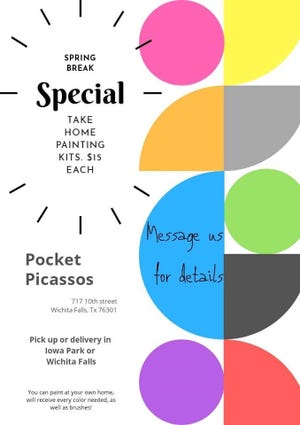 Pocket Picasso is offering a take-home art kit for $15. The kit can be changed to a larger canvas for adults for a slight price increase.