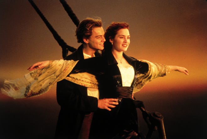 Kate Winslet and Leonardo DiCaprio are shown in a scene from, "Titanic."