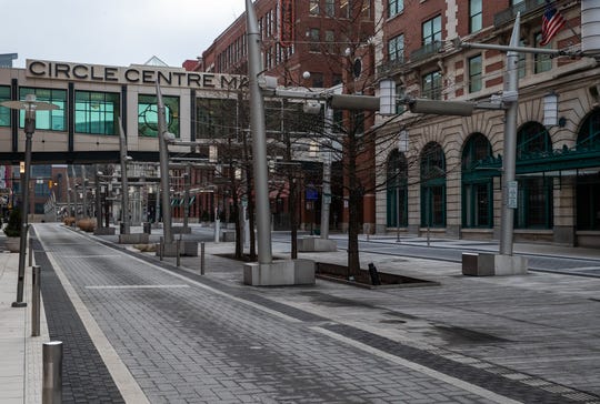 Georgia Street in Downtown Indianapolis  as seen on March 23, 2020. The city is considering closing Georgia Street from Illinois to Pennsylvania streets to allow for restaurants' outdoor seating.