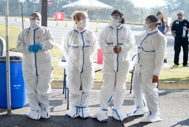 Registered nurses and patient care technicians wait for their next patient to drive up to be tested for the coronavirus at Christenberry Fieldhouse in Augusta, Ga.