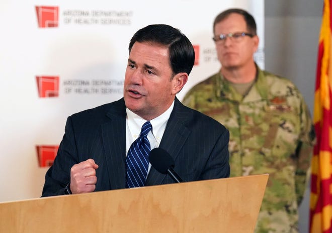 Gov. Doug Ducey holds a press conference in Phoenix on March, 25, 2020, to update the public about Arizona's preparedness for the COVID-19 outbreak.