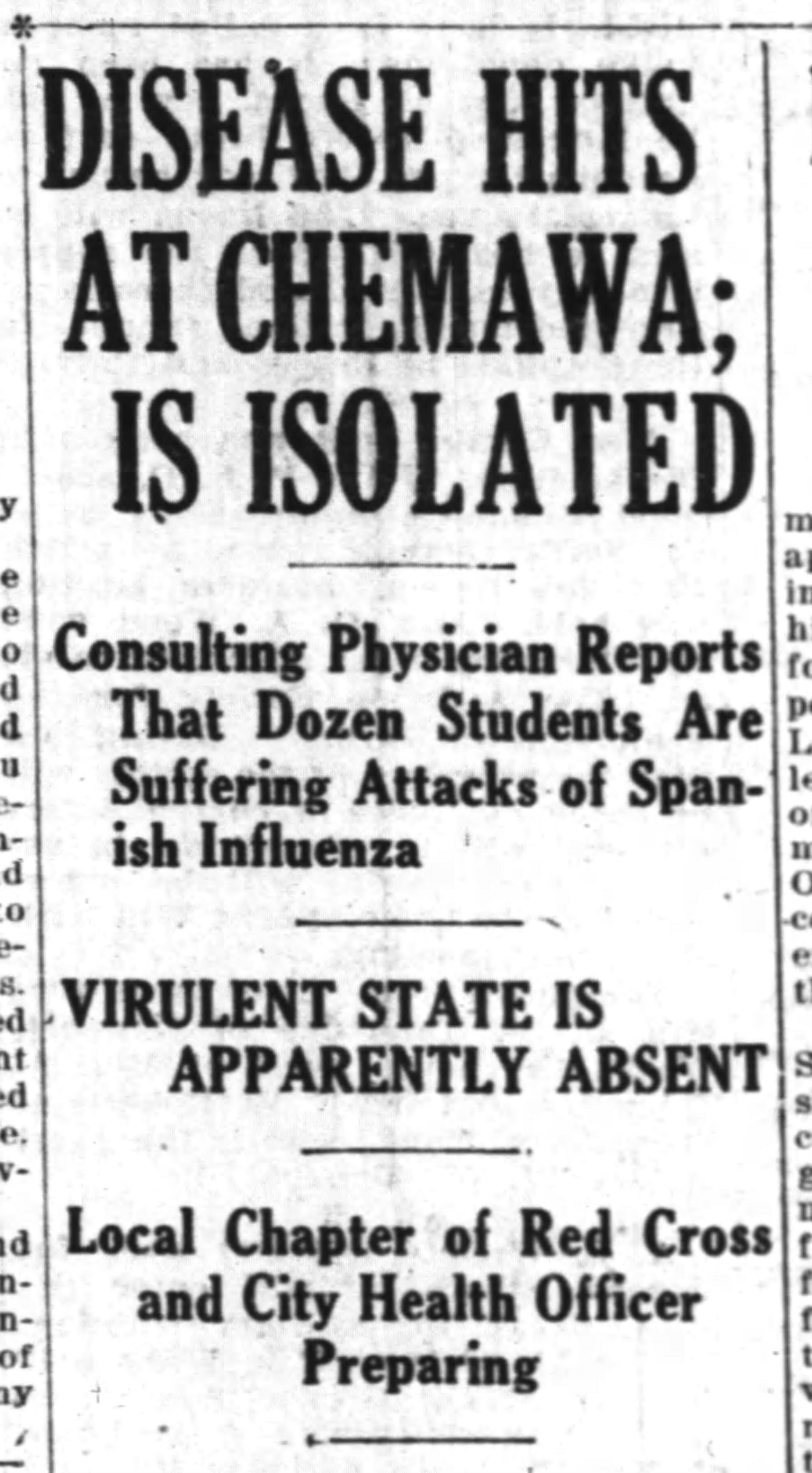 The Oregon Statesman reports multiple cases of Spanish influenza at the Chemawa Indian School on Oct. 9, 1918.