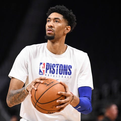 Detroit Pistons forward Christian Wood warms up be