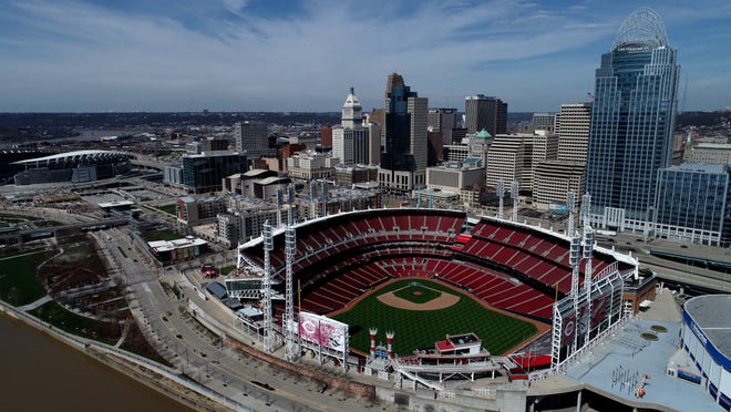 Great American Ball Park remains empty as the scheduled Opening Day game is postposed due to the ongoing COVID-19 pandemic in Downtown Cincinnati on Thursday, March 26, 2020.