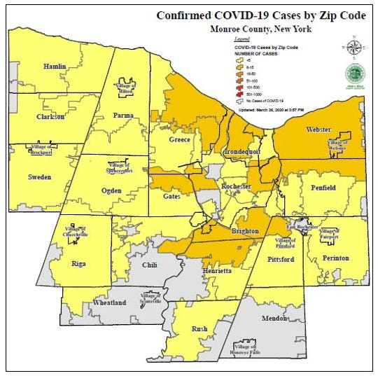 Confirmed COVID-19 cases by ZIP code as of Thursday, March 26, 2020.