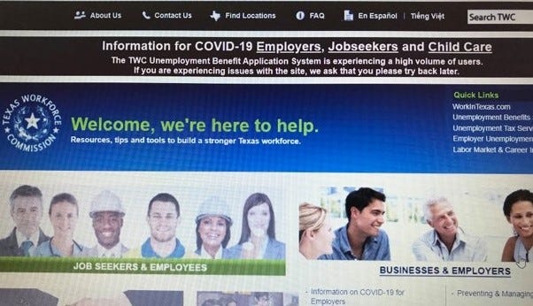 The Texas Workforce Commission's website warns of issues from a high volume of users as the COVID-19 response leads to businesses shutting down.