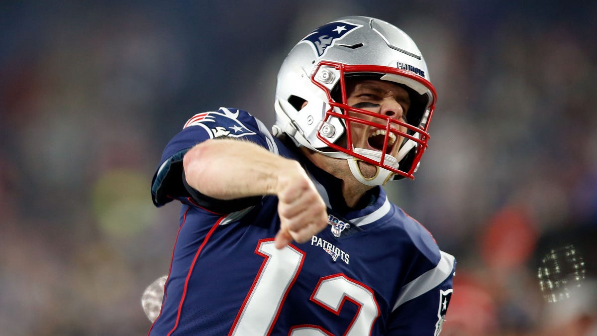 New England Patriots quarterback Tom Brady (12) reacts before a game against the Tennessee Titans at Gillette Stadium.