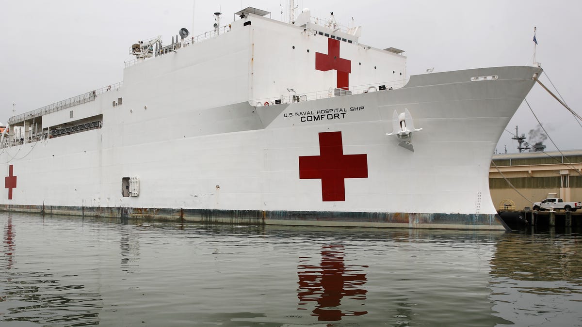 The U.S. Navy hospital ship USNS Comfort at Naval Station Norfolk in Norfolk, Va. on Saturday before departing for New York.