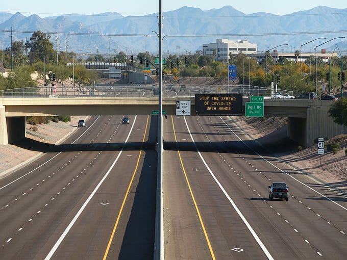 Arizona State Route 51, the Piestewa Freeway, with low traffic on  March 28, 2020,  in Phoenix.