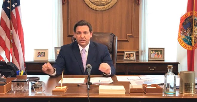 Gov. Ron DeSantis gives an update on the coronavirus from his office on March 24, 2020.