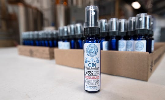 Bottles of hand sanitizer sit on a table at The Heart Distillery in Windsor, Colo. on Monday, March 30, 2020. With a national shortage of hand sanitizer amid the coronavirus pandemic, the distillery is one of two in Northern Colorado that has stepped up to produce much-needed bottles of it.