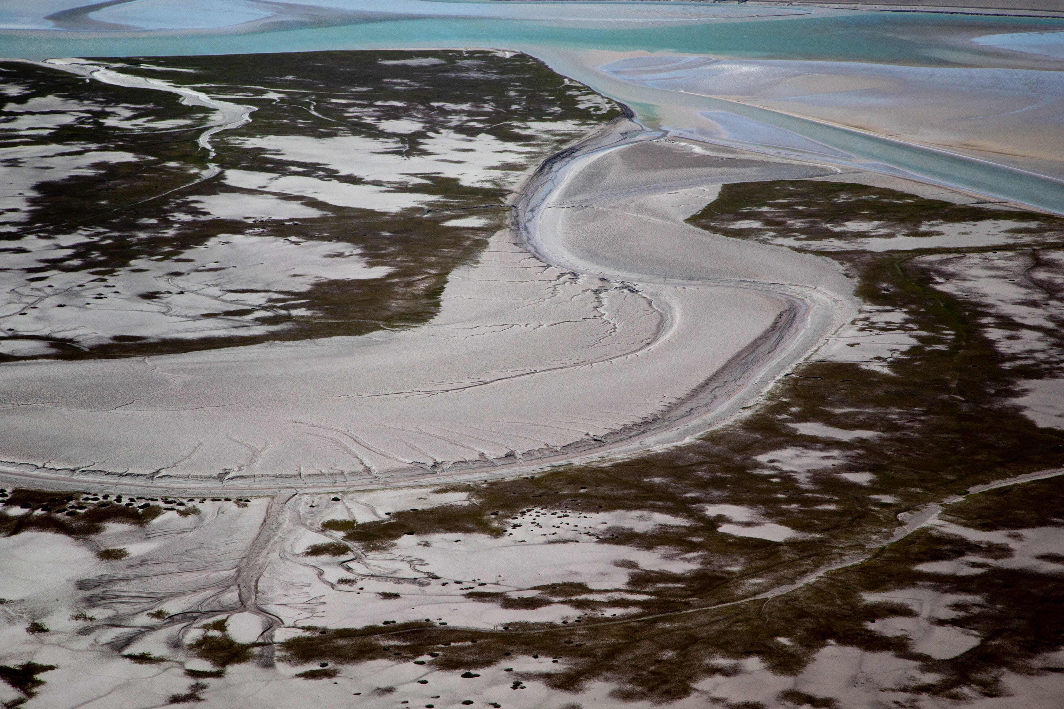 A tidal channel winds through the estuary of the Colorado River Delta in Mexico.